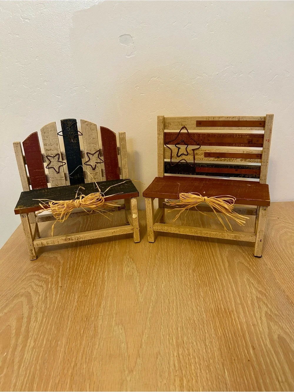 Patriotic Mini Wooden Bench Pair - Red, White & Blue Accent Decor